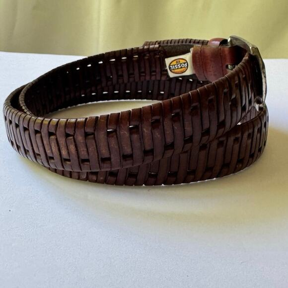 Vintage Fossil Men’s Woven Brown Leather Belt Size 38 Silver Buckle Y2K 90s - Picture 7 of 9